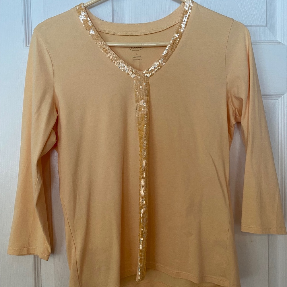 Talbots 100% Cotton S 3/4 Sleeve V-Neck Sequined Soft Yellow-Orange Top